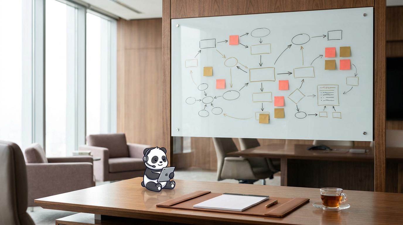 HK TRENRIX advisory team in a Hong Kong office workshop, glass walls, mascots on the whiteboard